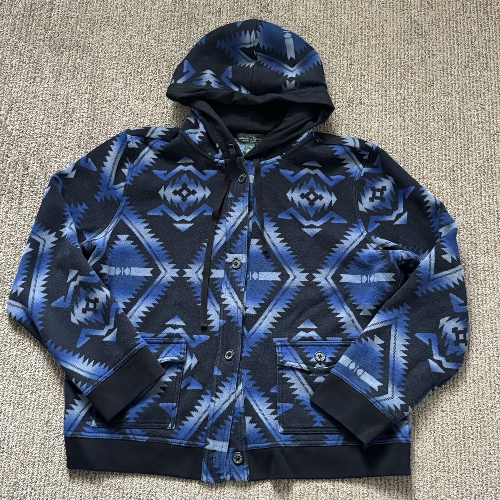 LRL Ralph Lauren Jeans Womens XL Fleece Sweater Jacket Hood Aztec Southwestern